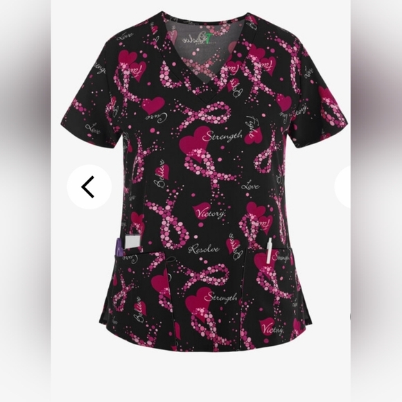 Green Town Hope & Love Breast Cancer Ribbon Women's 3-Pocket V-Neck Print Scrubs - Picture 1 of 11